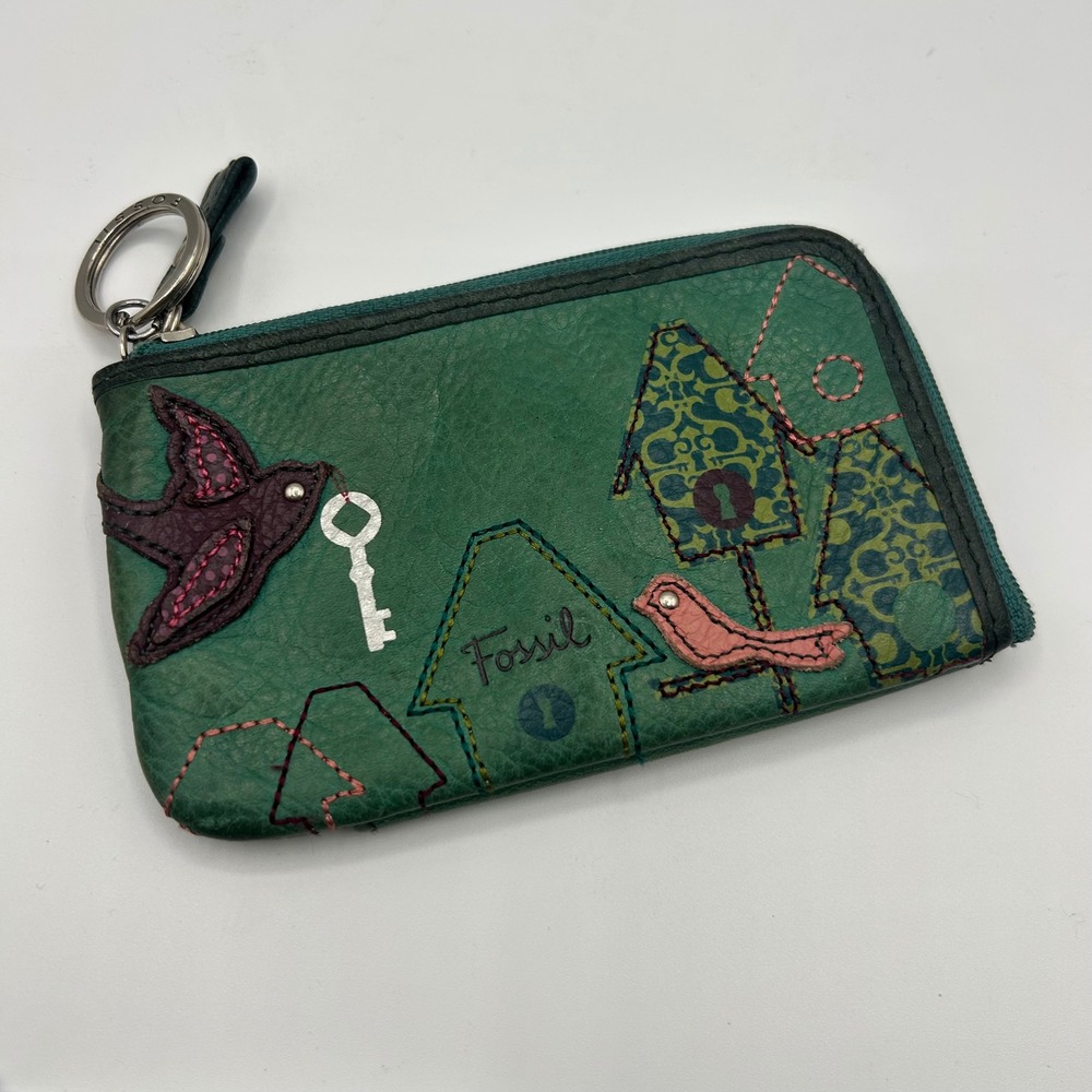 Fossil Green Leather Bird Birdhouse Applique Coin Pouch ID Case Key Ring Wallet